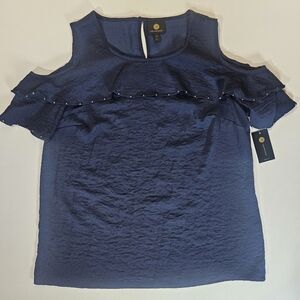 JM Collection Blouse Womens Medium Petite Navy‎ Blue Cold Shoulder Ruffle Chest